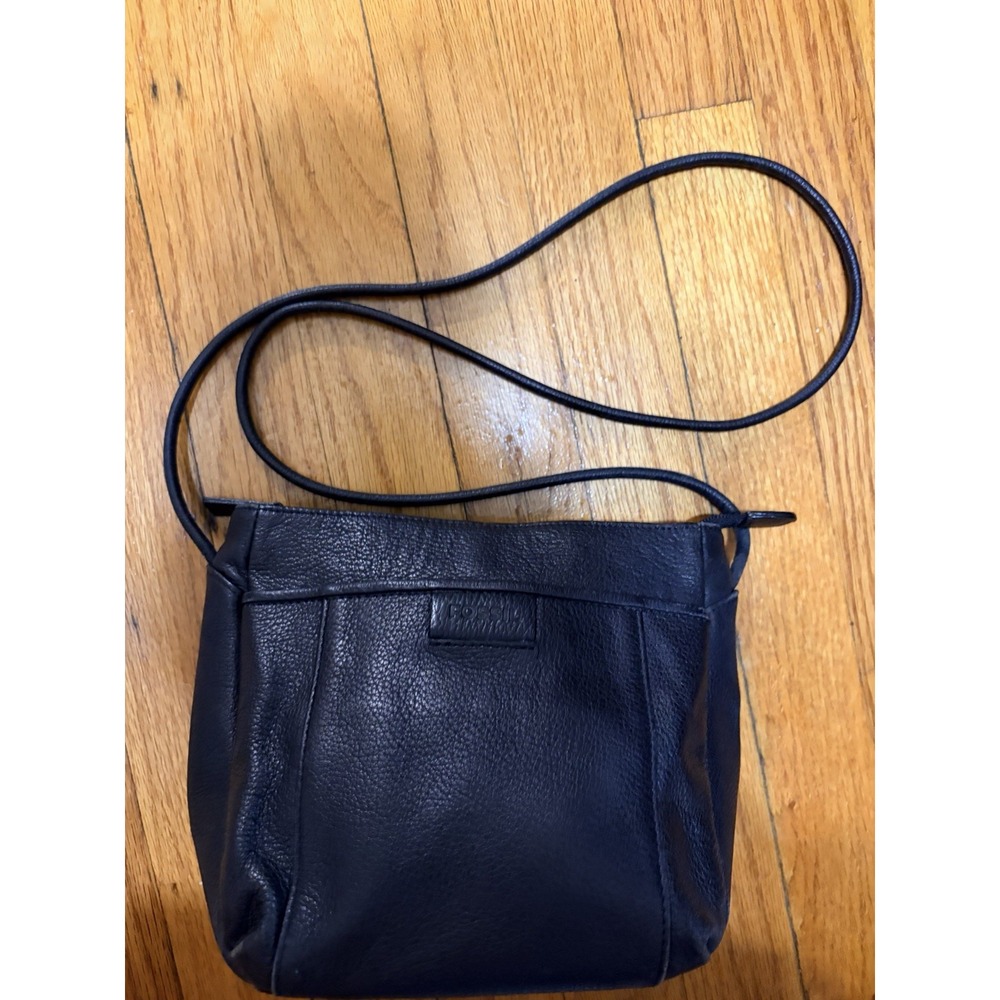 Vintage Fossil Black Pebbled Leather Crossbody Bag Top Zip Purse Pocket